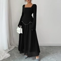 Elegant black long-sleeve maxi dress with square neck and pearl beaded waist detail - S / Black