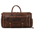 Detailed view of vintage brown leather travel bag with bronze hardware and multiple pockets - 9803 / Dark Brown Pattern