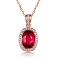 Oval red ruby pendant necklace with diamond halo in rose gold finish and slim chain - Rose Gold Oval Red Diamond Necklace Xl-121 [with Cross Chain]