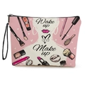 Roze linnen make-uptas met 'Wake up and Make up' tekst en cosmetische print - Stijl met Polsband / Make-up Slogan (xy-088-2)