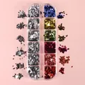 12-grid box of rhombic nail art glitters in metallic silver, blue, gold and red, model LX - 12 Compartment Rhombus Holographic Sequins (LX)