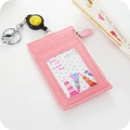 Pink faux leather multi-slot card holder with retractable lanyard and metal keychain - Pink
