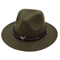 Detail of army green wool felt hat with bull skull charm and metal rivets on band - Kids One Size (54cm) / Army Green