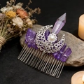 Close-up of purple crystal moon hair comb with silver flower and pearl detail - Light Purple Crystal + Hollow Moon + Rhinestone Pearl Flower