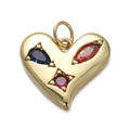 Ciondolo a cuore dorato con zirconi colorati e gemme blu, rosse, rosa su sfondo bianco - Cuore a Tre Gemme Oro