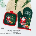 Dark green Merry Christmas oven mitt and pot holder set with red trim for kitchen use - Christmas Glove 11 (Green Santa)