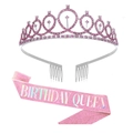 Pink Birthday Queen sash and silver tiara set with sparkling pink rhinestones - Set 19 (Pink Birthday Queen)