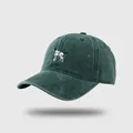 Vintage forest green washed cotton baseball cap with embroidered hound dog pattern - M (56-58cm) / Dark Green
