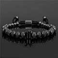 Adjustable black woven bracelet with metallic beads and a detailed crown charm - Black Crown-6MM