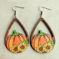 Orecchini a goccia in legno autunnali con zucca e girasoli dipinti a mano a colori - Zucca e Girasole