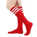 Red knee-high socks with three white stripes in breathable cotton for athletic JK style - One Size / Red with White Stripes
