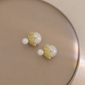 Elegant gold double pearl earrings featuring vintage crown setting with sparkling zircons - Crown Double Artificial Pearl Style (E7387) / Gold