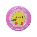 Pink tinplate badge with funny yellow chicken holding a knife and slogan on white background - Pink Chicken with Knife