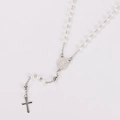Silver rosary necklace with white pearls, central holy medal and a cross pendant - Steel White 1