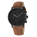 Men's business quartz watch featuring a brown leather strap and black Geneva dial - Black Case Brown Strap