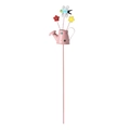 Garden stake with pink metal watering can featuring red flowers and a bee on white background - Small Pink Watering Can Bee