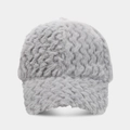 Close-up detail of grey fuzzy baseball cap featuring thick wavy faux fur texture - Adjustable / Gray