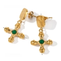 Cross earrings with green agate center in golden stainless steel, 3.56cm length - Gold Cross Earrings - Green Stone (JDE2305002-GN)