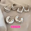 3-pair silver polished hoop earring set with geometric C-shape and U-shape designs - 2# Silver (3-Pair Set)