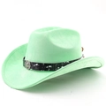 Detail of mint green suede cowboy hat with lion head metallic buckle and black leather belt - M (56-58cm) / Fruit Green