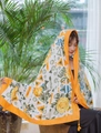 Ethnic white and orange sun shawl with yellow rose floral prints and orange tassels - Light Green-White Orange Border Yellow Rose / 180cm