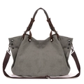 Bolso tote de lona gris con asas marrones y correa de hombro ajustable para mujer - Gris