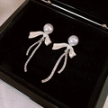 Elegant bow pearl drop earrings with sparkling tassels on a black velvet jewelry box - Silver Bow Pearl Tassel Earrings (5#)