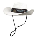 Detail of woven straw cowboy hat with embroidered bull head band and chin strap - M (56-58cm) / Pure White