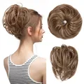 Messy bun hair piece in dark brown with blonde highlights for voluminous updo style - Golden Brown Mixed