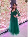 Elegante abito da sera verde scuro con scollo a V, maniche in pizzo e gonna a trapezio - US size 2 (S) / Verde