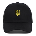 Schwarze Trucker-Kappe mit gelber Dreizack-Stickerei und atmungsaktivem Netzteil - 6-Panel Mesh Schwarz
