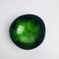 Natural coconut shell bowl with green lacquer interior and tropical palm leaf patterns - Green Feather Style