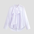 Elegante blusa lavanda de manga larga con cuello de lazo grande y dobladillo curvo - XS / Blanco
