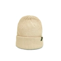 Detail of beige ribbed knit beanie featuring minimalist dark green leather buckle accent - M (56-58cm) / Beige