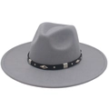 Classic light grey wool fedora hat with wide brim and studded diamond metal belt - Adult (57-62cm) / Light Gray