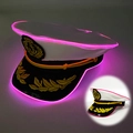 LED captain hat with pink glowing wire, white top, black brim and gold anchor emblem - Captain Hat-Pink Light