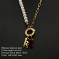 Gold-plated titanium steel necklace with letter K charm and elegant white imitation pearls - Gothic Letter K