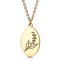 Goldene Edelstahlkette mit ovalem Anhänger und graviertem Blumenmuster im Minimalstil - Mai Maiglöckchen (KN227550-Z) / Gold