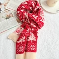 Christmas red and beige knitted scarf featuring festive reindeer and snowflake patterns - Snowflake Red
