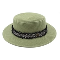 French retro flat top sage green straw boater hat with tweed band and M button - M (56-58cm) / Dark Green