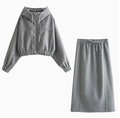 Detail of grey knitted two-piece set featuring hooded zip-up sweatshirt and midi skirt - S / Complete Set