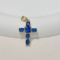 Cross necklace pendant in gold-plated copper with vibrant blue zircon stones - Sapphire Blue Zirconia/Square Oval