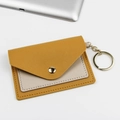 Slim PU leather card holder in yellow and beige with a gold keychain ring and snap button - Yellow