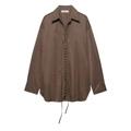 Dark brown long sleeve V-neck blouse featuring stylish lace-up front with metal eyelets - XS / Coffee