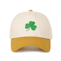 Detail of green shamrock embroidery on beige and yellow contrast baseball cap - Beige Crown + Yellow Brim