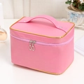 Pink large capacity satin travel toiletry bag with gold trim and silver zippers - Pink with Gold Trim