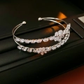 Macro shot of silver-toned double-layered open bangle featuring zircon flower and leaf charms - Double Flower Style (4# Bangle-Silver-Two Flowers)