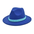 Close-up of deep blue wool fedora hat featuring a chunky light blue acrylic chain accent - M (56-58cm) / Dark Blue with Light Blue Chain