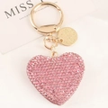 Sparkling pink rhinestone heart keychain with gold tone metal ring for women gift - Pink