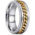 Mens stainless steel spinning ring with gold Cuban chain inlay and silver brushed finish - US 7 / Silver Ring Gold Chain